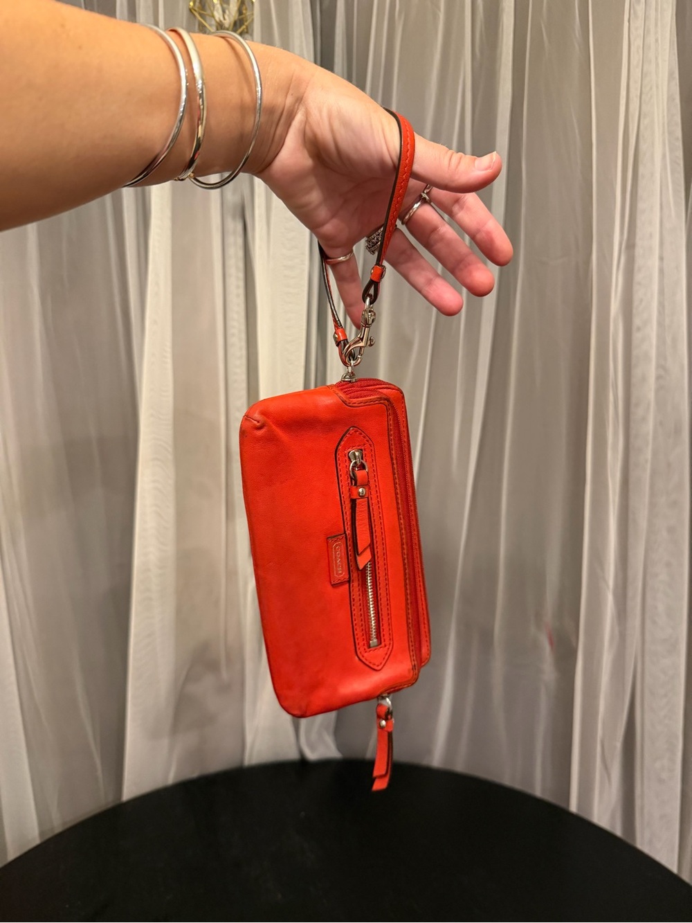 Coach Red Leather Double Zip Wristlet Wallet Clutch Silver Hardware